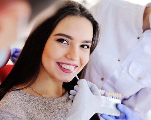 Woman's smile compared with veneers color options